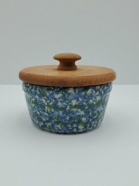 Henn Pottery Blue Green Spongeware Lidded Salt Crock Butter Box Small Canister